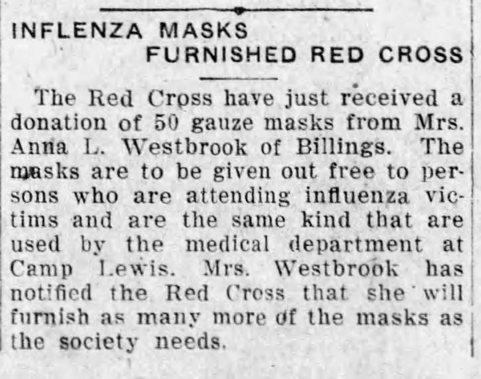 Influenza masks furnished Red Cross